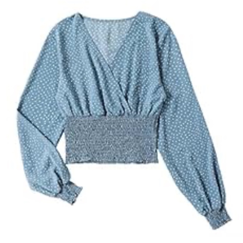 Women's V Neck Shirred Polka Dots Long Sleeve Frill Crop Blouse Shirt